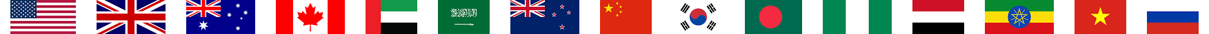 Flags of countries including the USA, UK, Australia, Canada, UAE, Saudi Arabia, New Zealand, China, South Korea, Bangladesh, Nigeria, Yemen, Ethiopia, Vietnam, and Russia.